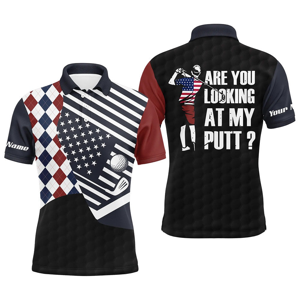 Golf Polo Shirts, American Flag Red White Blue Argyle Pattern Mens Golf Polo Shirts Custom Are You Looking At My Putts, Custom Golf Shirts