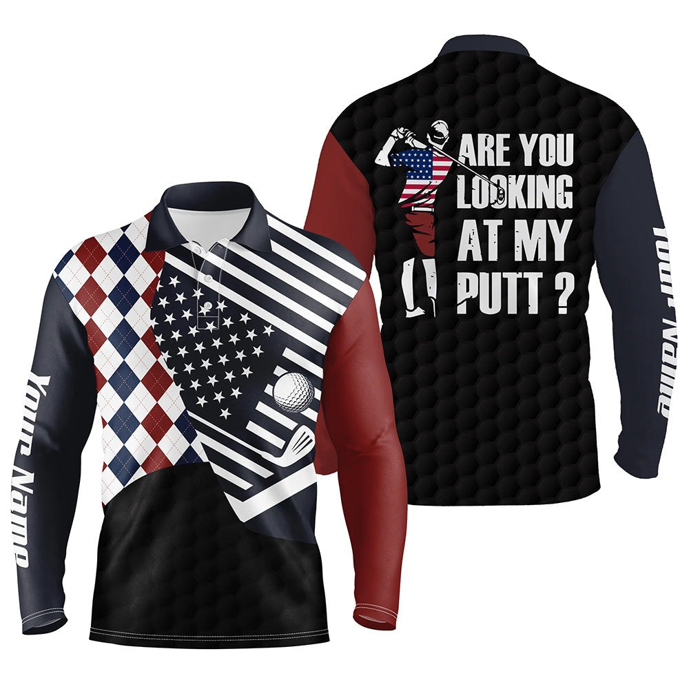 Golf Polo Shirts, American Flag Red White Blue Argyle Pattern Mens Golf Polo Shirts Custom Are You Looking At My Putts, Custom Golf Shirts