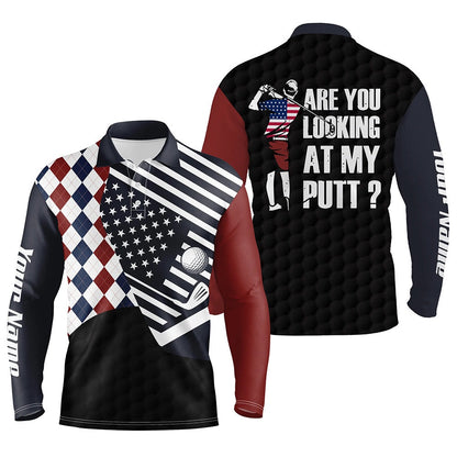 Golf Polo Shirts, American Flag Red White Blue Argyle Pattern Mens Golf Polo Shirts Custom Are You Looking At My Putts, Custom Golf Shirts