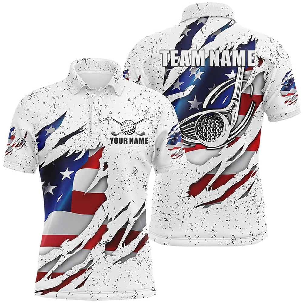 Golf Polo Shirts, American Flag Ripped White Grunge Golf Men Polo Shirts Custom Patriotic Golf Shirts For Men, Custom Golf Shirts