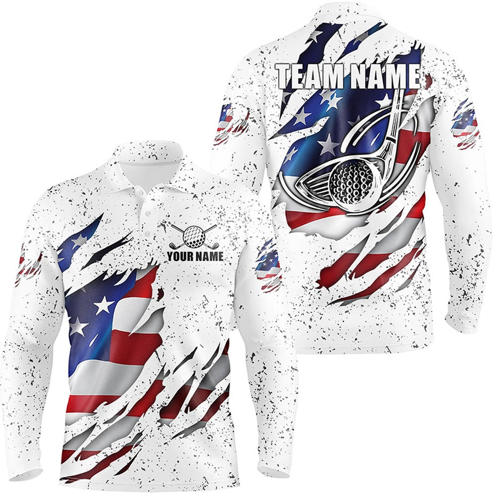 Golf Polo Shirts, American Flag Ripped White Grunge Golf Men Polo Shirts Custom Patriotic Golf Shirts For Men, Custom Golf Shirts
