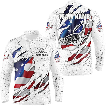 Golf Polo Shirts, American Flag Ripped White Grunge Golf Men Polo Shirts Custom Patriotic Golf Shirts For Men, Custom Golf Shirts