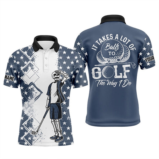 Golf Polo Shirts, American Flag Skull Golf Blue Mens Golf Polo Shirt Custom It Takes A Lot Of Balls To Golf The Way I Do, Custom Golf Shirts