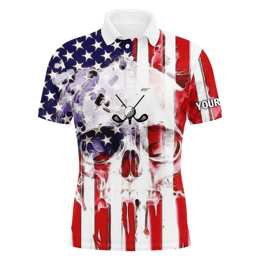 Golf Polo Shirts, American Flag Skull Long Sleeve Golf Polo Shirts Personalized Patriotic Gifts For Golf Lovers, Custom Golf Shirts