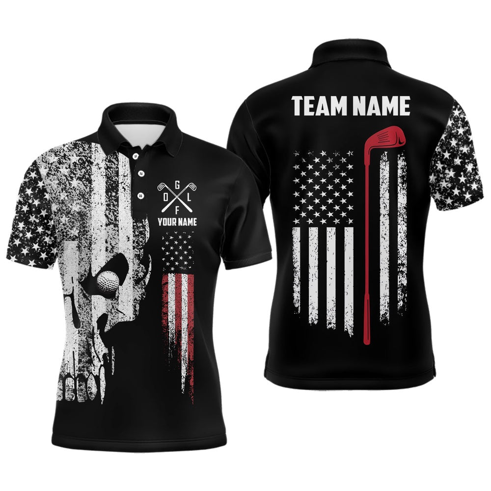 Golf Polo Shirts, American Flag Skull Mens Golf Polo Shirts Custom Patriotic Scary Golf Shirts For Men Golf Gifts, Custom Golf Shirts