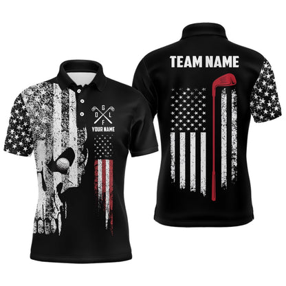 Golf Polo Shirts, American Flag Skull Mens Golf Polo Shirts Custom Patriotic Scary Golf Shirts For Men Golf Gifts, Custom Golf Shirts