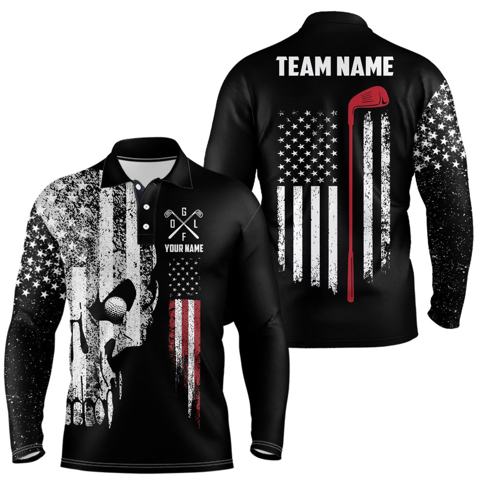 Golf Polo Shirts, American Flag Skull Mens Golf Polo Shirts Custom Patriotic Scary Golf Shirts For Men Golf Gifts, Custom Golf Shirts