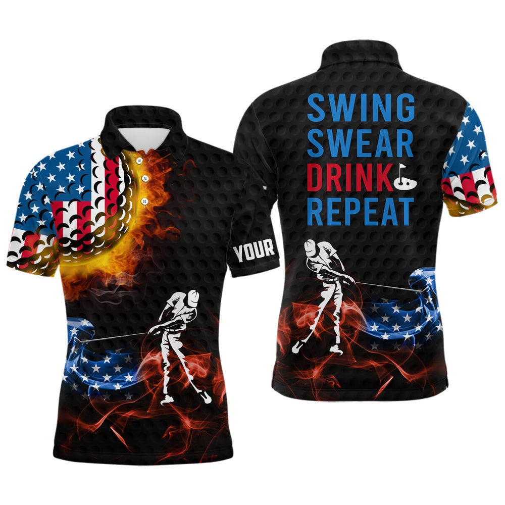 Golf Polo Shirts, American Flag Swing Swear Drink Repeat Golf Polo Shirts, Flame Patriotic Golf Shirts For Men, Custom Golf Shirts