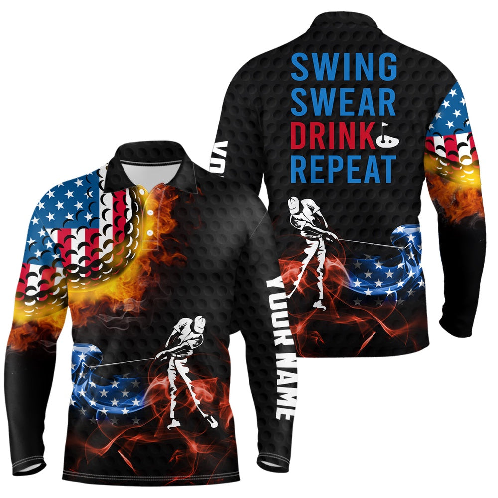Golf Polo Shirts, American Flag Swing Swear Drink Repeat Golf Polo Shirts, Flame Patriotic Golf Shirts For Men, Custom Golf Shirts