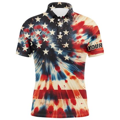 Golf Polo Shirts, American Flag Tie Dye Pattern Men Golf Polo Shirts Custom Name Patriotic Mens Golf Shirts, Custom Golf Shirts