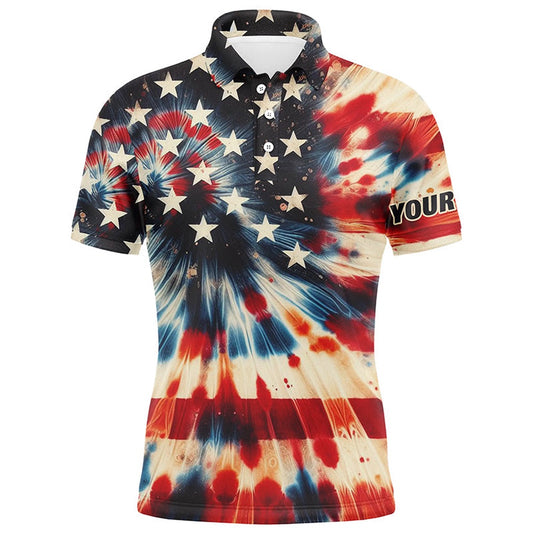 Golf Polo Shirts, American Flag Tie Dye Pattern Men Golf Polo Shirts Custom Name Patriotic Mens Golf Shirts, Custom Golf Shirts