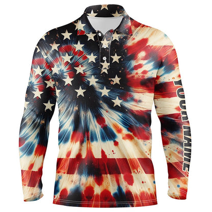 Golf Polo Shirts, American Flag Tie Dye Pattern Men Golf Polo Shirts Custom Name Patriotic Mens Golf Shirts, Custom Golf Shirts
