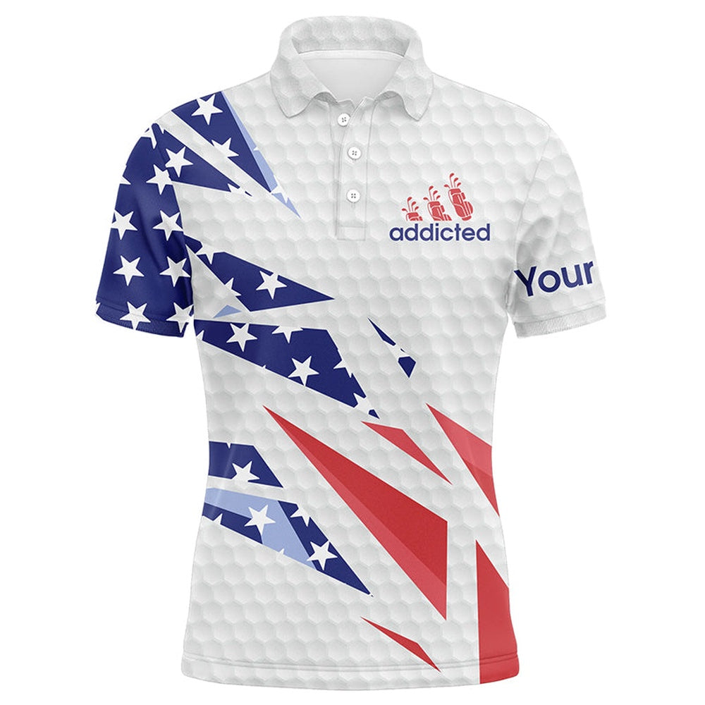 Golf Polo Shirts, American Flag White Golf Addicted Golf Ball Mens Golf Polo Shirts Custom Patriotic Golf Tops For Mens, Custom Golf Shirts