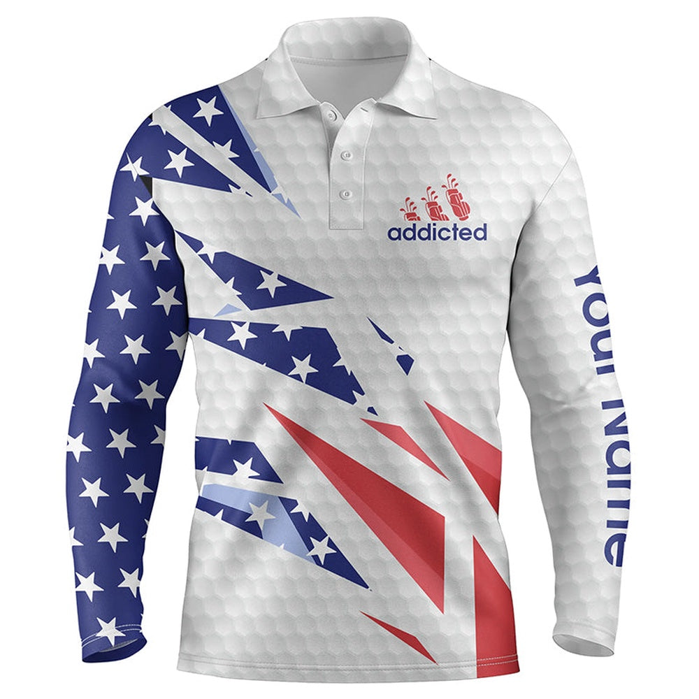 Golf Polo Shirts, American Flag White Golf Addicted Golf Ball Mens Golf Polo Shirts Custom Patriotic Golf Tops For Mens, Custom Golf Shirts