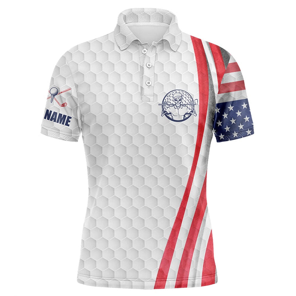 Golf Polo Shirts, American Flag White Golf Ball Mens Golf Polo Shirt Custom Patriotic Mens Golf Shirts, Custom Golf Shirts