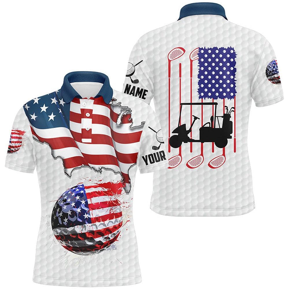 Golf Polo Shirts, American Flag White Golf Ball Mens Golf Polo Shirts Custom Golf Shirts For Men, Patriotic Golf Gifts, Custom Golf Shirts