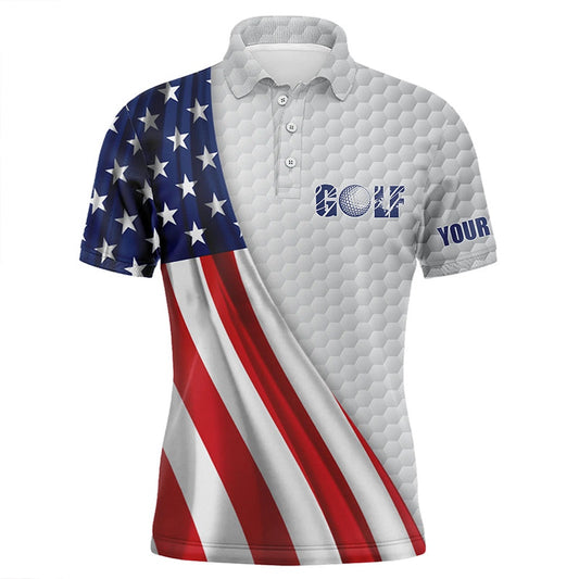 Golf Polo Shirts, American Flag White Golf Ball Skin Mens Golf Polo Shirts Custom Name Patriotic Golf Tops For Mens, Custom Golf Shirts