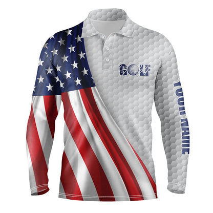 Golf Polo Shirts, American Flag White Golf Ball Skin Mens Golf Polo Shirts Custom Name Patriotic Golf Tops For Mens, Custom Golf Shirts