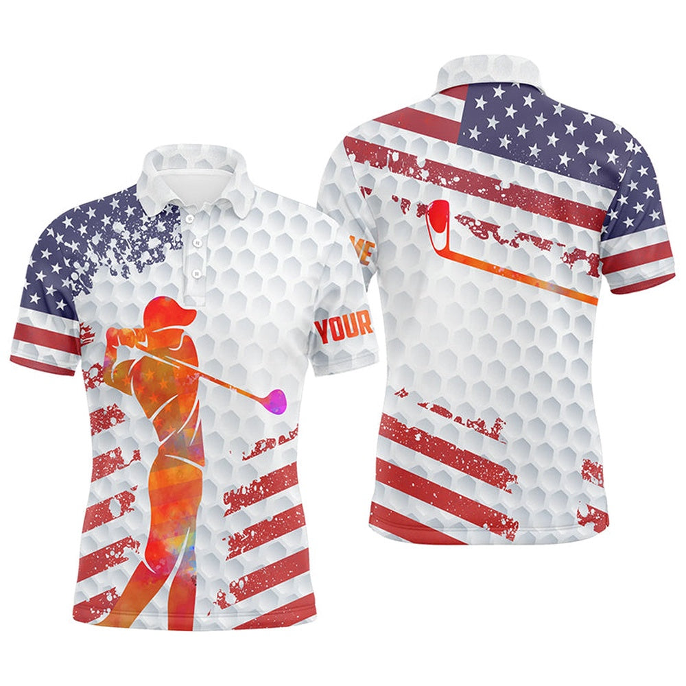 Golf Polo Shirts, American Flag White Golf Balls Skin Custom Name Short Sleeve, Long Sleeve Golf Polos Shirt For Mens, Custom Golf Shirts