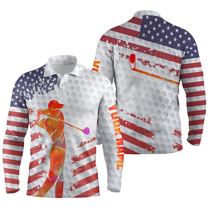 Golf Polo Shirts, American Flag White Golf Balls Skin Custom Name Short Sleeve, Long Sleeve Golf Polos Shirt For Mens, Custom Golf Shirts