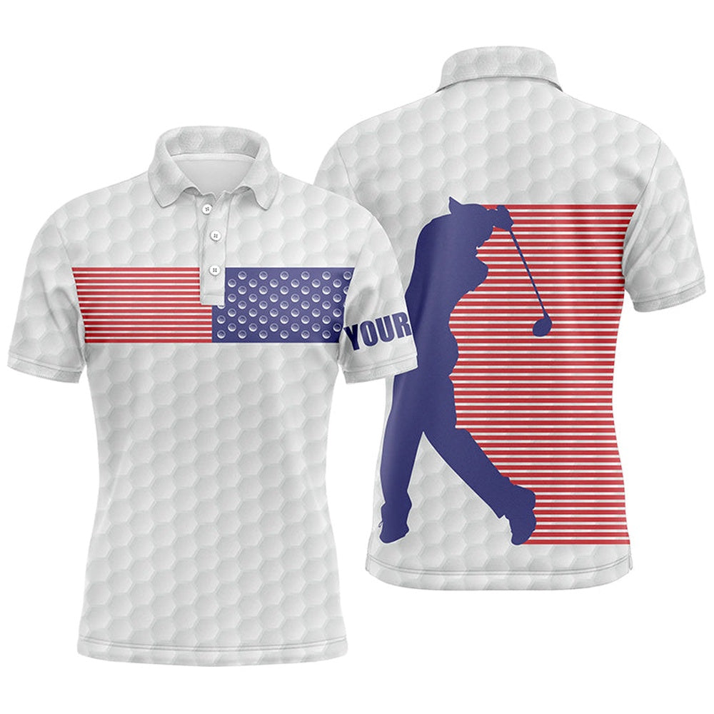 Golf Polo Shirts, American Flag White Golf Pattern Mens Polo Shirt Custom Patriotic Golf Shirts For Men Golf Gift, Custom Golf Shirts