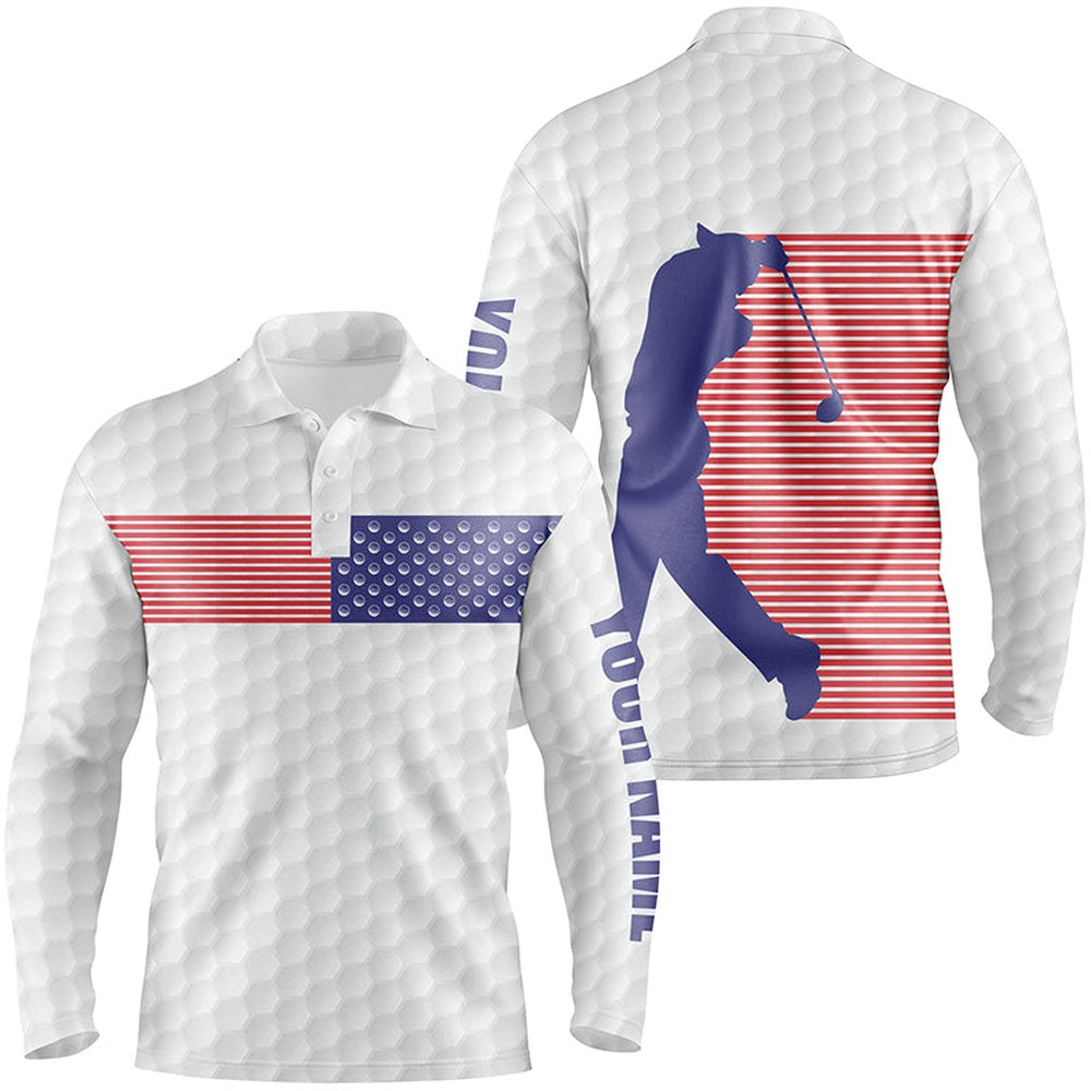 Golf Polo Shirts, American Flag White Golf Pattern Mens Polo Shirt Custom Patriotic Golf Shirts For Men Golf Gift, Custom Golf Shirts