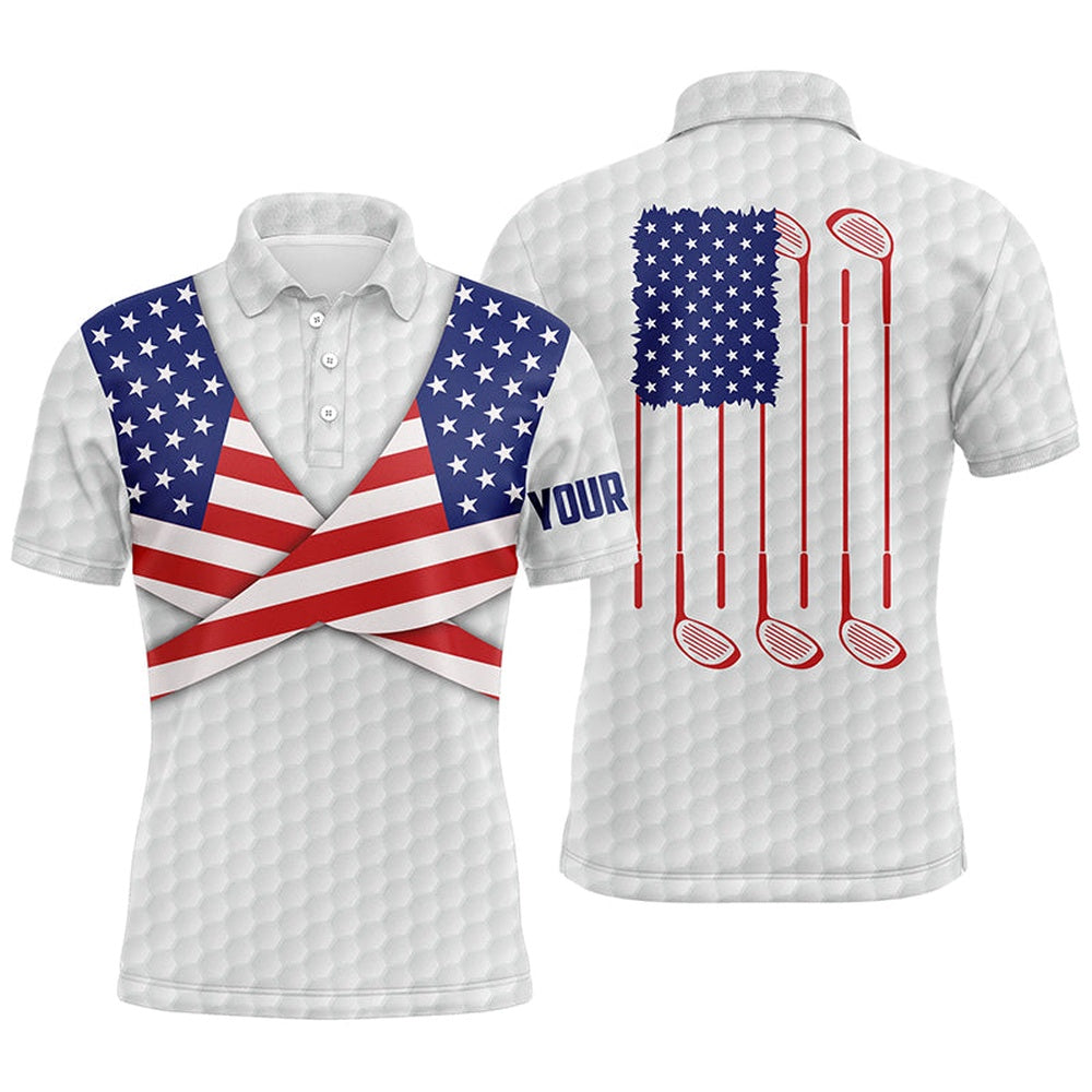 Golf Polo Shirts, American Flag White Golf Pattern Mens Polo Shirt Patriotic Golf Shirts For Men Golf Gifts, Custom Golf Shirts
