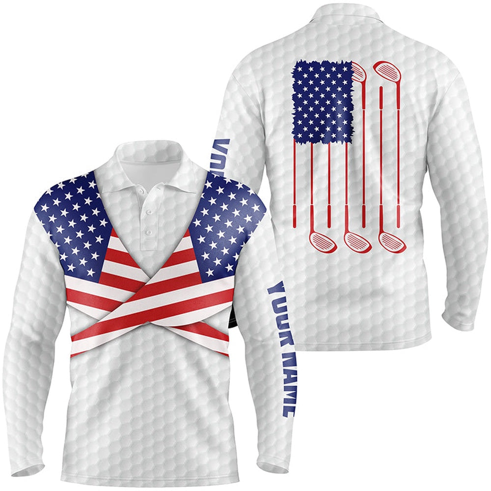 Golf Polo Shirts, American Flag White Golf Pattern Mens Polo Shirt Patriotic Golf Shirts For Men Golf Gifts, Custom Golf Shirts