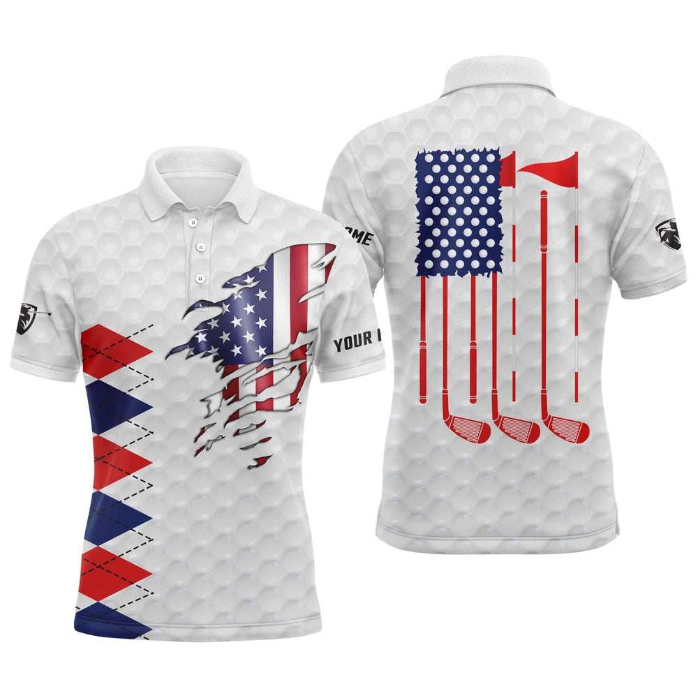 Golf Polo Shirts, American Flag White Golf Polo Shirts For Men Personalized Patriotic Golf Gift Ideas For Him, Custom Golf Shirts