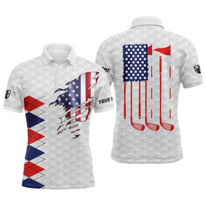 Golf Polo Shirts, American Flag White Golf Polo Shirts For Men Personalized Patriotic Golf Gift Ideas For Him, Custom Golf Shirts