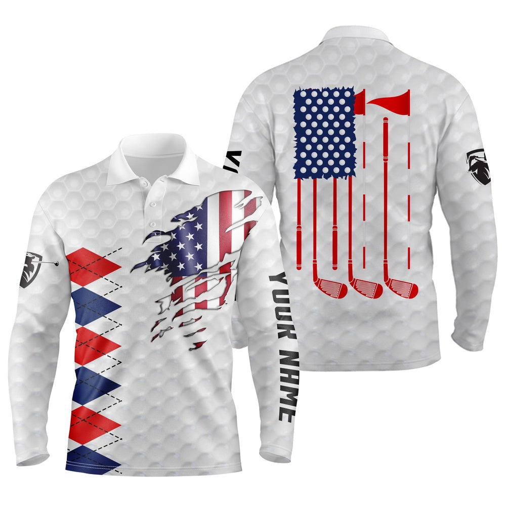 Golf Polo Shirts, American Flag White Golf Polo Shirts For Men Personalized Patriotic Golf Gift Ideas For Him, Custom Golf Shirts