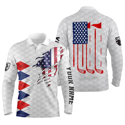 Golf Polo Shirts, American Flag White Golf Polo Shirts For Men Personalized Patriotic Golf Gift Ideas For Him, Custom Golf Shirts