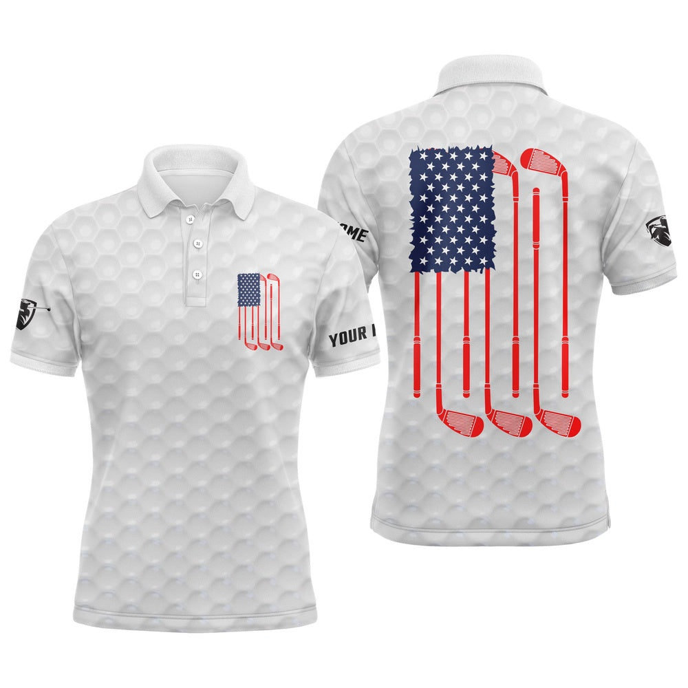 Golf Polo Shirts, American Flag White Mens Golf Polo Shirt Personalized Patriotic Golf Gift Ideas For Him, Custom Golf Shirts