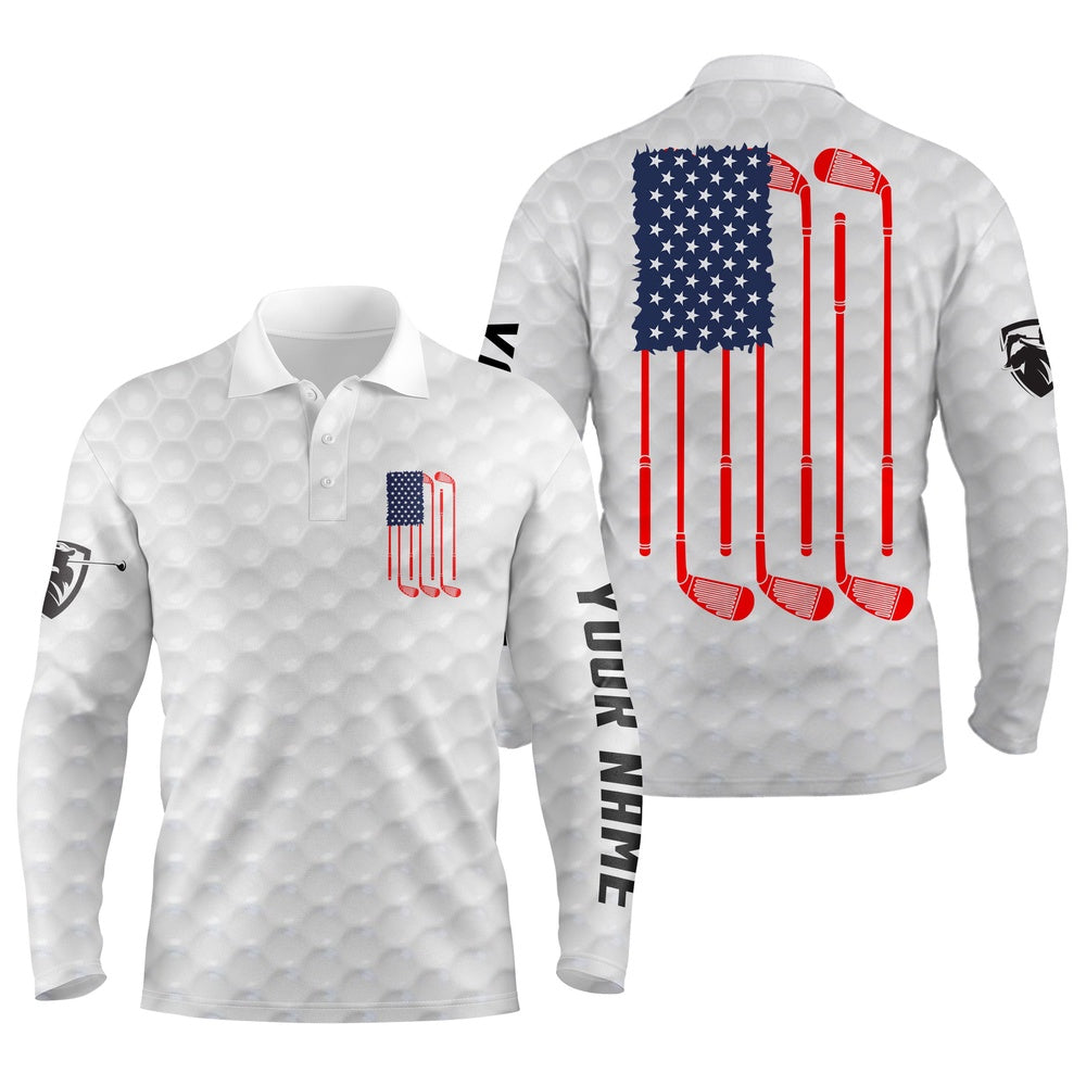 Golf Polo Shirts, American Flag White Mens Golf Polo Shirt Personalized Patriotic Golf Gift Ideas For Him, Custom Golf Shirts