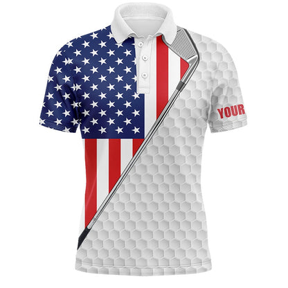 Golf Polo Shirts, American Flag White Mens Golf Polo Shirts Custom Name Golf Clubs Patriotic Team Golf Shirt For Mens, Custom Golf Shirts