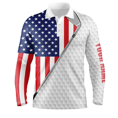 Golf Polo Shirts, American Flag White Mens Golf Polo Shirts Custom Name Golf Clubs Patriotic Team Golf Shirt For Mens, Custom Golf Shirts