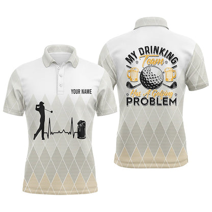 Golf Polo Shirts, Argyle Pattern Mens Golf Polo Shirt, Personalized Heartbeat Beer Golf Shirts For Men, Golfer Gifts, Custom Golf Shirts