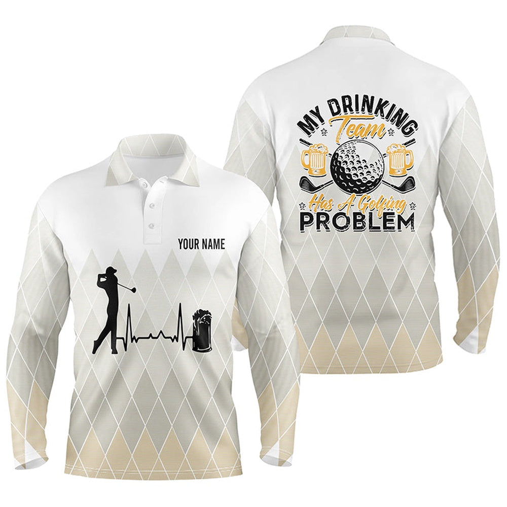 Golf Polo Shirts, Argyle Pattern Mens Golf Polo Shirt, Personalized Heartbeat Beer Golf Shirts For Men, Golfer Gifts, Custom Golf Shirts
