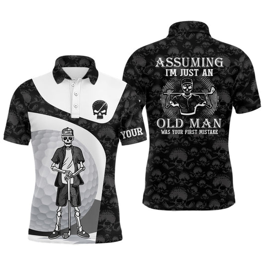 Golf Polo Shirts, Assuming I'M Just An Old Man Skull Golf Polo Shirt Skeleton Funny Golf Shirts For Men, Custom Golf Shirts