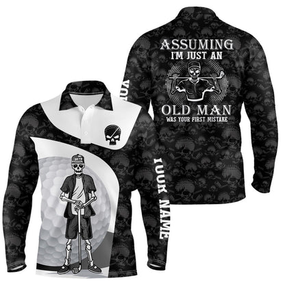 Golf Polo Shirts, Assuming I'M Just An Old Man Skull Golf Polo Shirt Skeleton Funny Golf Shirts For Men, Custom Golf Shirts