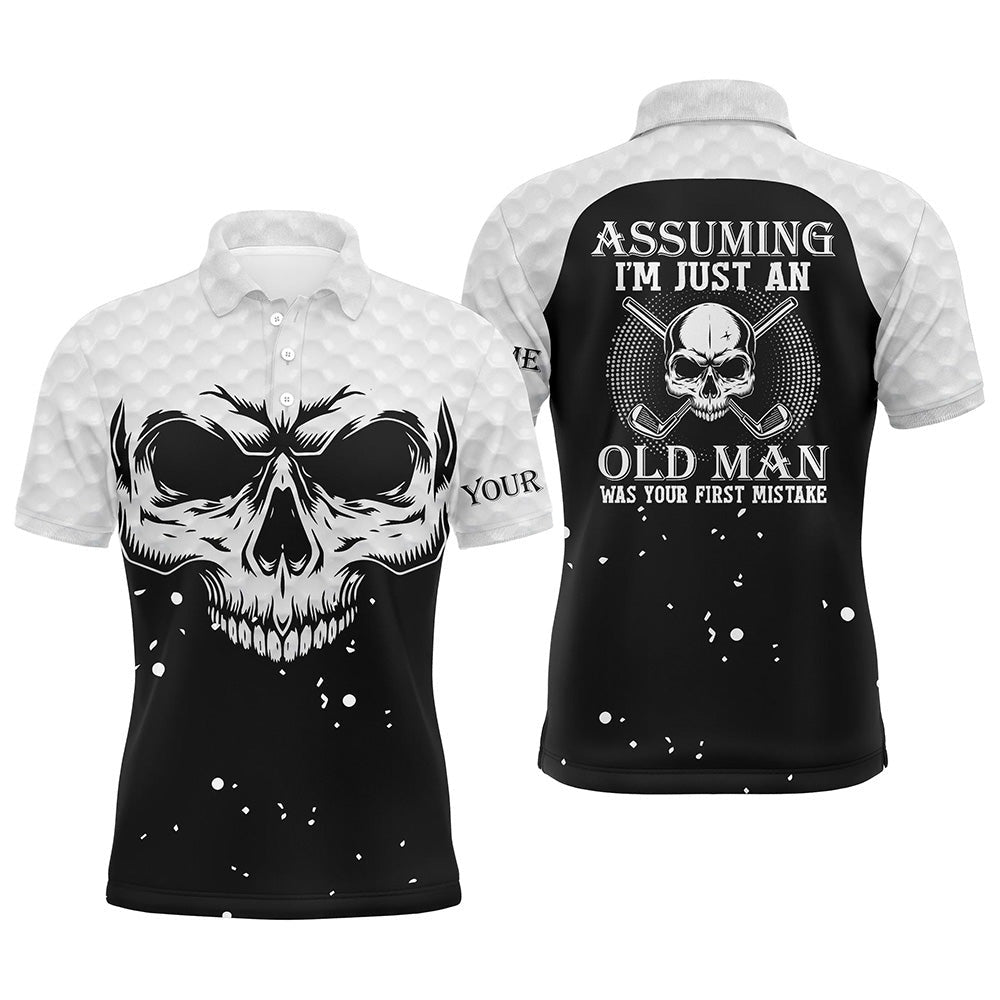 Golf Polo Shirts, Assuming Im Just An Old Man Black White Skull Mens Golf Polo Shirt Scary Golf Shirts For Men, Custom Golf Shirts