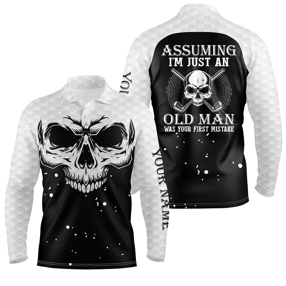 Golf Polo Shirts, Assuming Im Just An Old Man Black White Skull Mens Golf Polo Shirt Scary Golf Shirts For Men, Custom Golf Shirts