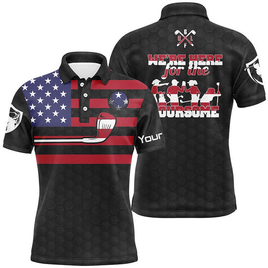 Golf Polo Shirts, Black American Flag Mens Golf Polo Shirts Custom Name We'Re Here For The Foursome Patriot Golf Gifts, Custom Golf Shirts