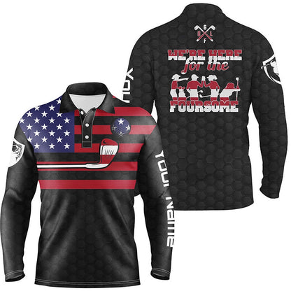Golf Polo Shirts, Black American Flag Mens Golf Polo Shirts Custom Name We'Re Here For The Foursome Patriot Golf Gifts, Custom Golf Shirts