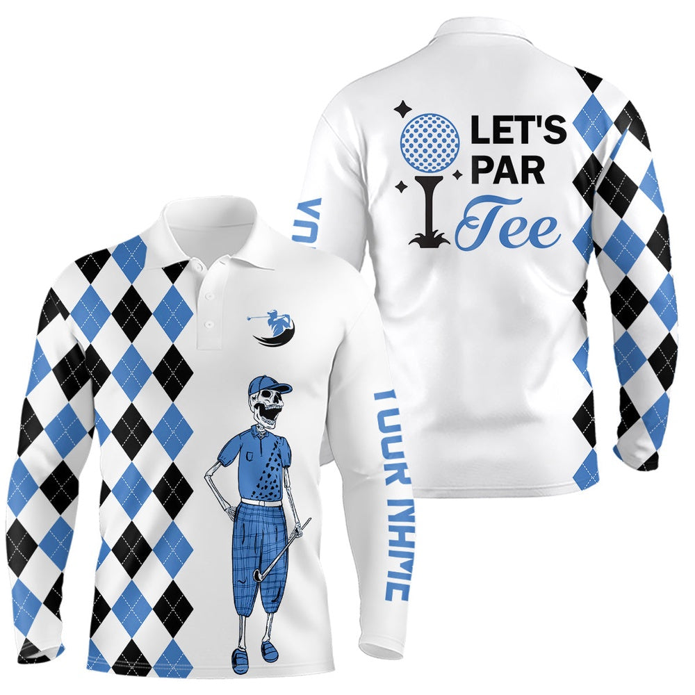 Golf Polo Shirts, Black And Blue Argyle Pattern Mens Golf Polo Shirts Custom Let'S Par Tee Skull Golf Gifts For Mens, Custom Golf Shirts