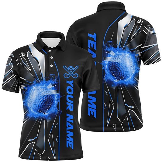 Golf Polo Shirts, Black And Blue Fire Golf Ball Broken Glass Custom Mens Golf Polo Shirts For Men, Custom Golf Shirts