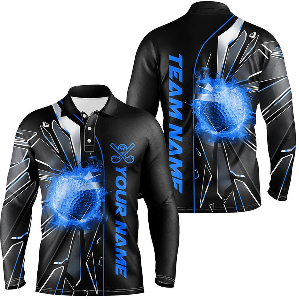 Golf Polo Shirts, Black And Blue Fire Golf Ball Broken Glass Custom Mens Golf Polo Shirts For Men, Custom Golf Shirts