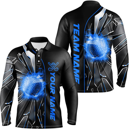 Golf Polo Shirts, Black And Blue Fire Golf Ball Broken Glass Custom Mens Golf Polo Shirts For Men, Custom Golf Shirts