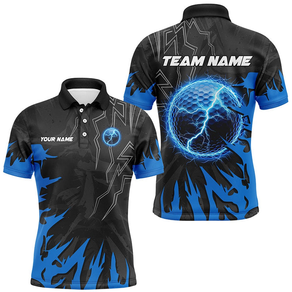 Golf Polo Shirts, Black And Blue Lightning Thunder Golf Ball Mens Golf Polo Shirts Custom Golf Outfits Men, Custom Golf Shirts