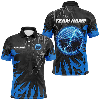 Golf Polo Shirts, Black And Blue Lightning Thunder Golf Ball Mens Golf Polo Shirts Custom Golf Outfits Men, Custom Golf Shirts